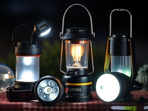 A focused shot of various fishing lanterns, including a headlamp, a classic camping lantern, and a submersible fishing light, showcasing their diverse designs and applications. The scene includes fishing gear and a hint of a night fishing environment, emphasizing functionality and versatility.