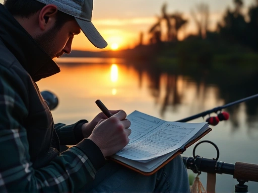 An angler meticulously recording details in a fishing log by a serene lake, with fishing gear visible and a beautiful sunrise in the background. Focus on the act of writing.