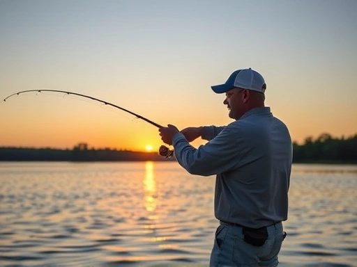 A seasoned angler demonstrates proper casting technique on a serene lake at sunrise, emphasizing precision and control to avoid common fishing mistakes.