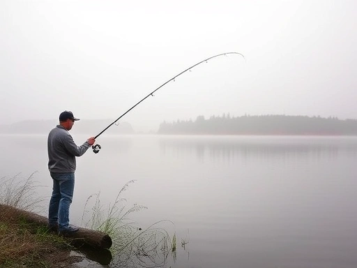A serene fisherman casts his line into a misty lake, embodying patience and connection with nature.
