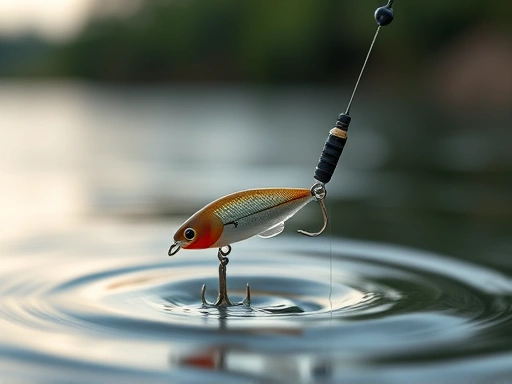Close-up of a fishing lure gently touching the water, symbolizing the delicate balance between man and nature.
