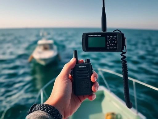 A serene yet realistic scene of a fishing boat on the water, with a person holding a marine radio, calm waters, and a clear sky, emphasizing safety and communication.