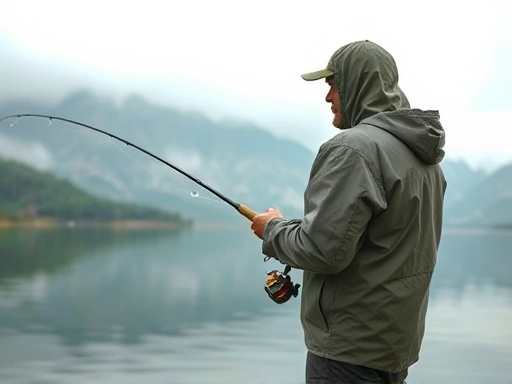 An angler wearing high-performance fishing rain gear, standing by a serene lake with misty mountains in the background, casting a fishing rod.