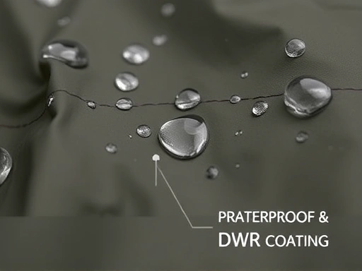 Close-up of a fishing rain gear fabric, showing water beads effectively repelling from the surface, highlighting the waterproof and DWR coating.