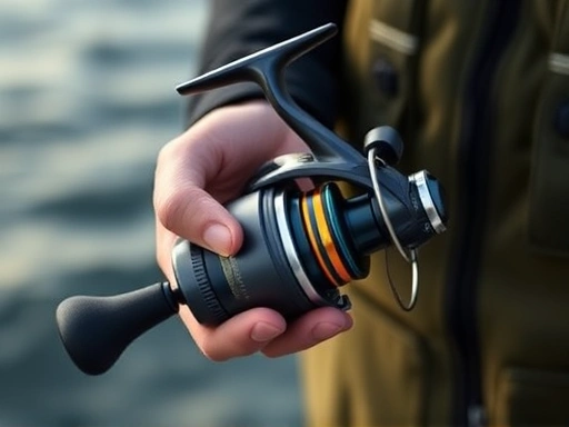 A close-up shot of a beginner angler's hands holding a modern spinning reel, with a calm lake or ocean background, emphasizing ease of use and learning. Focus on the reel's design and user interaction.