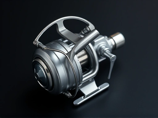 A high-angle shot of a meticulously crafted, shiny silver high-end fishing reel on a dark, sleek surface, emphasizing its precision engineering and smooth design.