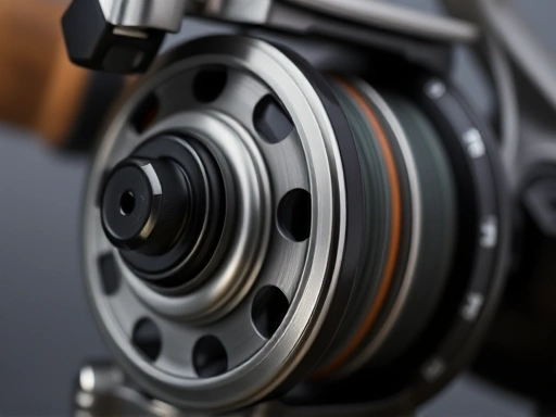 A close-up shot of a modern baitcasting reel, highlighting its precise gears, braking system, and ergonomic design, with fishing line spooled neatly.