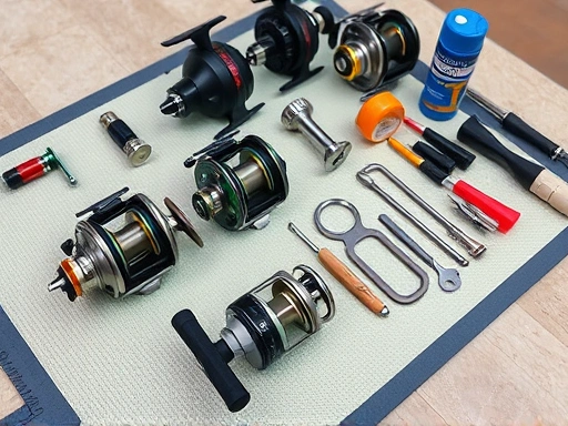 A close-up shot of various fishing reel parts laid out neatly on a clean mat, with specialized tools and lubricants visible, emphasizing organization and precision.