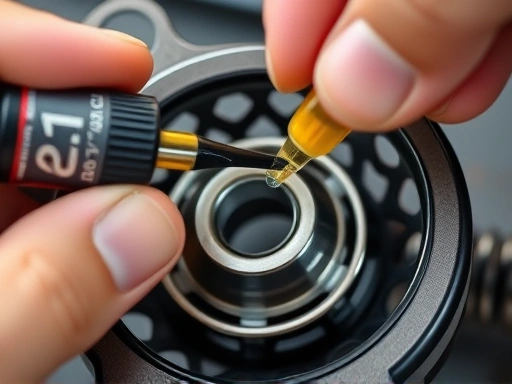Close-up of a hand carefully applying specialized reel oil with a precision applicator to a small bearing within a disassembled fishing reel. SEO keywords: reel oil, application, precision, maintenance, lubricant.