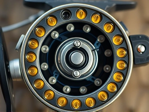 A detailed top-down view of an open fishing reel, showing its complex internal gears, bearings, and components, with drops of lubricant. SEO keywords: fishing reel, oiling, internal gears, maintenance.