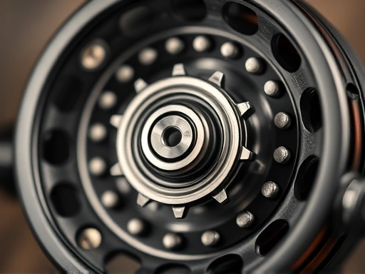 A close-up shot of the intricate gear system inside a disassembled fishing reel, highlighting the fine teeth and polished surfaces of the gears and bearings.