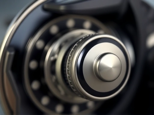 Detailed view of a fishing reel's gear mechanism or drag knob, highlighting the intricate engineering, with a subtle blur in the background to emphasize the reel's internal workings. Focus on precision and quality.
