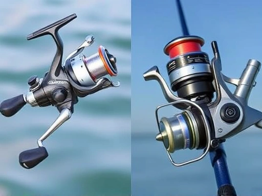 A side-by-side comparison of a spinning reel and a baitcasting reel on a fishing rod, illustrating their distinct designs for a fishing gear guide.