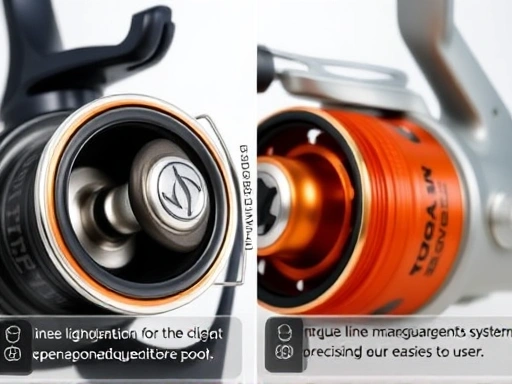Close-up view of a spinning reel's open face and a baitcasting reel's rotating spool, highlighting their unique line management systems for precision and ease of use.