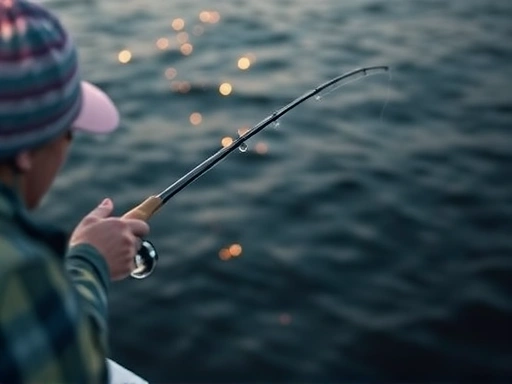 A serene fishing scene with a person expertly casting a fishing rod, showing smooth line release to prevent tangles. Focus on the graceful action.