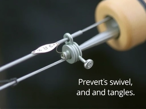 Close-up of a fishing rig with a small, neatly tied swivel, showing how it prevents line twist and tangles. Clear focus on the specific gear.