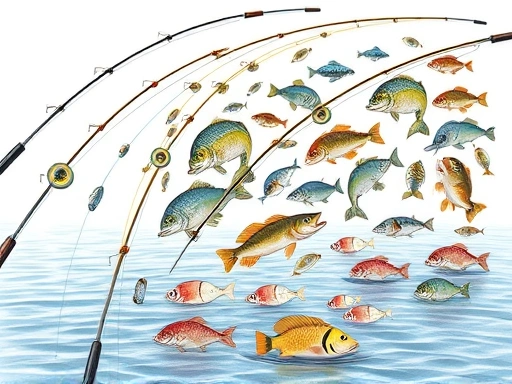 A detailed illustration showing various fishing rod actions (fast, moderate, slow) bending at different points, with a diverse group of fish species in the background, set against a calm lake or ocean.