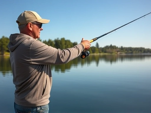 An experienced angler demonstrating a perfect casting posture with a fishing rod on a calm lake, focusing on body alignment and smooth motion, with a natural landscape in the background. Clear sky, green trees, and reflection on water. SEO Keywords: fishing rod casting, proper posture, angling technique, serene lake.