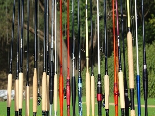 A diverse collection of fishing rods of various lengths, neatly organized and displayed against a natural outdoor backdrop, highlighting their different applications. Focus on usability and variety.