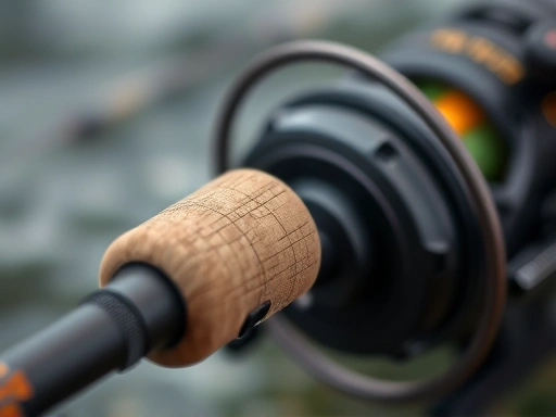 Close-up of a fishing rod handle and reel, showcasing the texture and materials, with a specific focus on the connection point and a blurred background of water or nature. Focus on craftsmanship and detail.