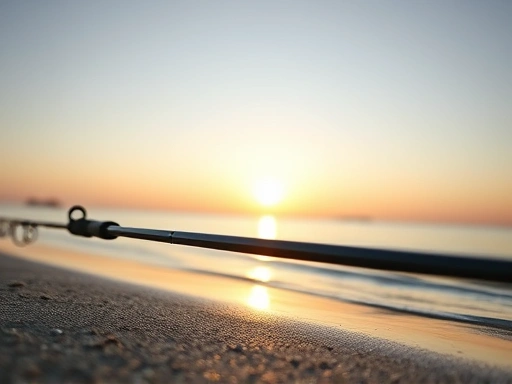A pristine fishing rod made of carbon fiber, resting on a clean, calm lake shore at sunrise, with a subtle glow, demonstrating lightness and precision of fishing equipment.