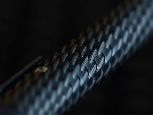 A close-up shot of a fishing rod's carbon fiber weave pattern, highlighting its intricate texture and strong, lightweight material for fishing rod enthusiasts.