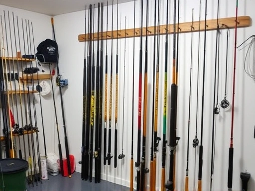 A clean, well-organized fishing room with various fishing rods neatly stored on a vertical rack, emphasizing care and longevity, with good lighting.