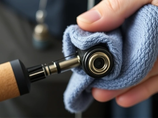 Close-up of a fishing rod being gently cleaned and dried with a soft cloth, showing attention to detail on the rod's guides and handle.