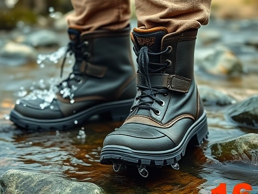 A pair of durable fishing boots with excellent grip on wet rocks, showing water splashing, in a natural outdoor fishing environment.