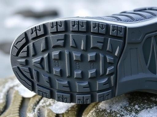 Close-up view of a non-slip fishing shoe sole with intricate tread patterns designed for maximum traction on slippery surfaces.