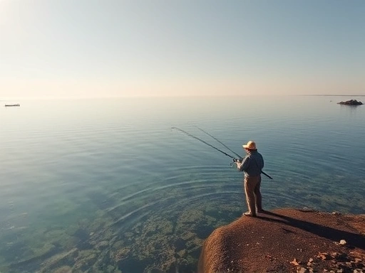 A serene lake scene with a fisherman casting a line, emphasizing clear water and natural surroundings.