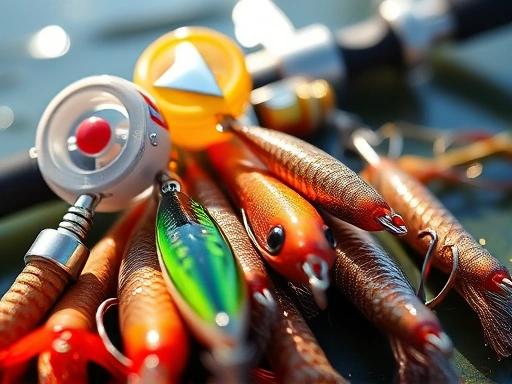 Close-up of various fishing lures and equipment, highlighting textures and details under sunlight.