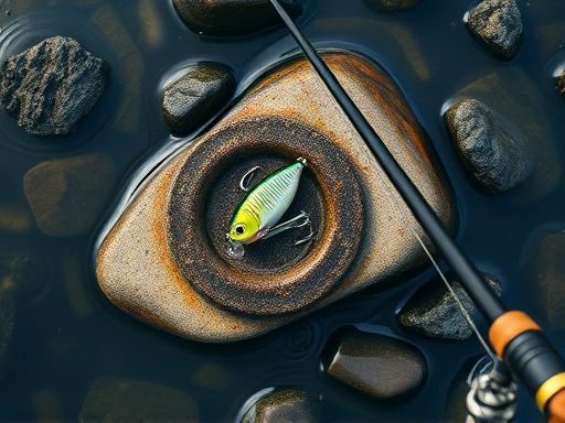 A detailed top-down view of a fishing lure caught on submerged rocks, with a fishing rod bending, illustrating the challenge of a snag.