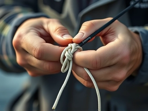 Close-up of a fisherman's hands expertly tying a knot for a snag-resistant fishing rig, showing focus and precision.