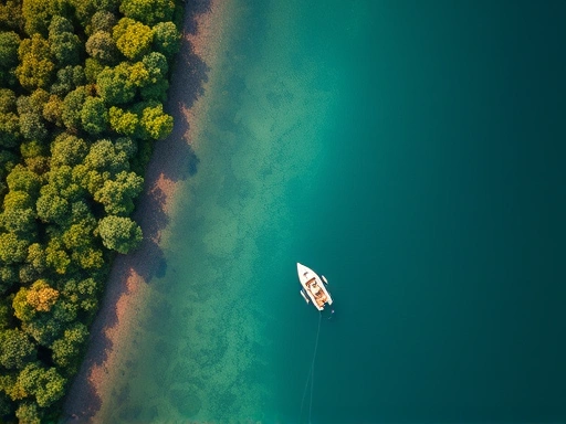 An aerial view of a calm, secluded fishing spot with a small boat, surrounded by lush green trees and clear blue water, suggesting a newly discovered hidden gem for fishing.