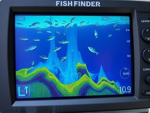 Close-up view of a fish finder screen displaying detailed underwater topography, showing fish schools, depths, and structures, emphasizing the technological aspect of fishing spot development.