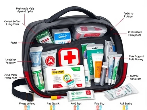 A detailed, illustrative image of a well-organized first aid kit specifically designed for outdoor activities like fishing, featuring various medical supplies in a waterproof bag.