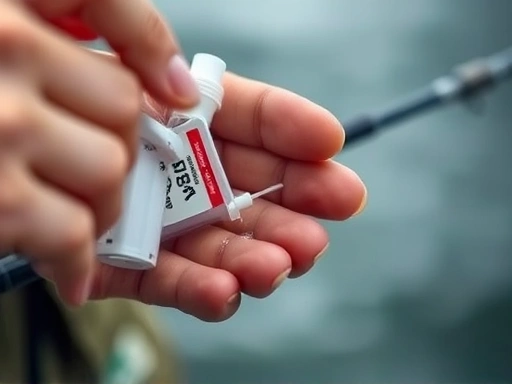 A close-up shot of a hand carefully applying antiseptic to a small wound, with a fishing rod subtly blurred in the background, emphasizing safe and precise first aid.