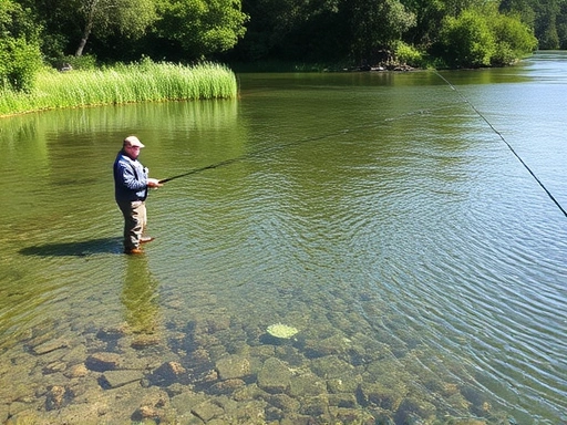 A serene and clean fishing spot with an angler responsibly fishing, showing clear water, lush greenery, and no visible litter, emphasizing harmony with nature.