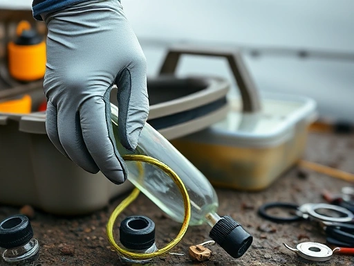 Close-up shot of a hand wearing a glove picking up a discarded fishing line or plastic bottle from the ground next to a fishing tackle box, symbolizing responsible waste management.