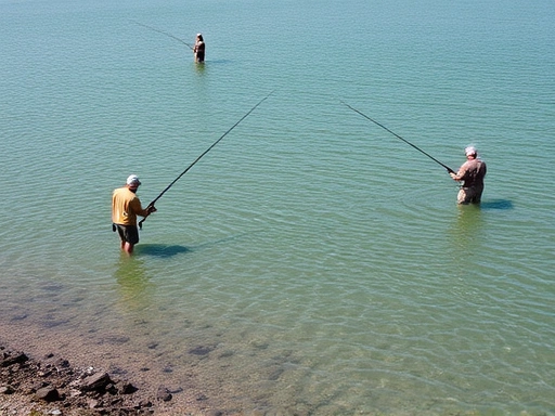 A peaceful fishing spot with several anglers respectfully spaced out, demonstrating good etiquette like quiet fishing and clean surroundings, with clear water and natural light.