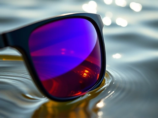 Close-up of a fishing sunglass lens, showing the polarized filter effect as it cuts through glare on a water surface, with a ripple effect visible, focusing on advanced lens technology.
