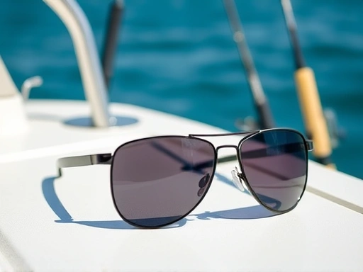 A pair of high-performance polarized fishing sunglasses resting on a fishing boat deck, with clear blue water and distant fishing rods in the background, emphasizing eye protection.