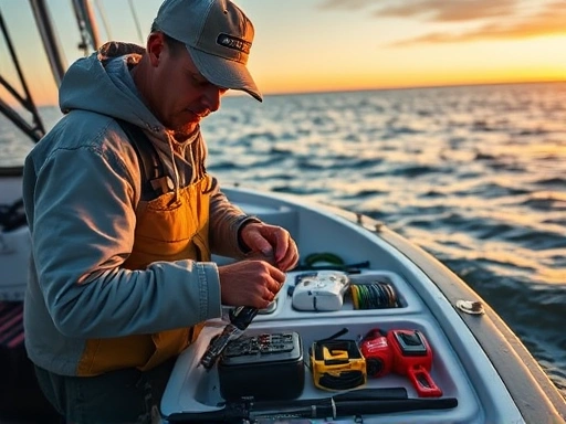 An angler quickly and efficiently changing fishing tackle on a boat at dawn, organized tools and a focused expression, representing speed and efficiency.