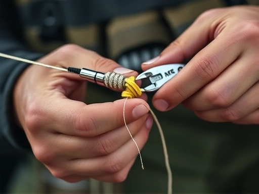 A close-up shot of an angler's hands expertly tying a fishing knot with a quick knot tool, showcasing precision and efficiency in tackle replacement.