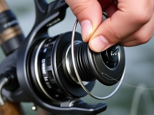 A close-up of a fishing reel and line, with a hand adjusting the drag, showcasing the technical details of fishing equipment and relevant terminology.