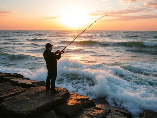 An experienced angler stands on a rocky coastline at sunrise, casting a fishing line into the turbulent ocean waves, demonstrating the influence of strong currents and tides on fishing success.