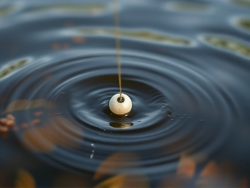 A close-up shot of a fishing bobber drifting naturally in a gentle river current, showing the subtle interaction between the fishing line and water flow, with a focus on ripples and water surface.