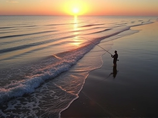 A serene coastal landscape at sunrise, with gentle waves breaking on the shore and a lone angler casting a line, symbolizing perfect fishing conditions. Focus on calm water and natural light.