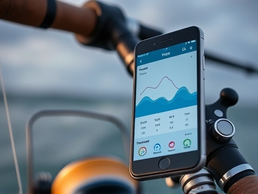Close-up of a fishing rod and reel, with a smartphone displaying a tide chart and wave forecast in the background, illustrating the use of technology for optimal fishing timing.